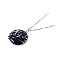 Silver Rhodium Plated Black Onyx Round Music Note Dangling Necklace bgp00168