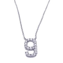 Sterling Silver Rhodium Plated Clear CZ Number 9 Pendant Necklace stp00836