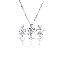 Sterling Silver Rhodium Plated Clear Blow CZ Hanging Stud Earring & Necklace Set bgs00229