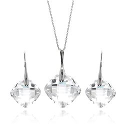 Sterling Silver Rhodium Plated Clear Diamong Shaped Square CZ Hook Earring & Necklace Set bgs00282