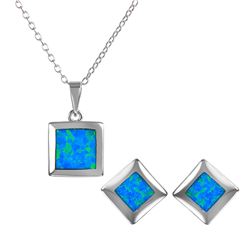 Sterling Silver Square Blue Synthetic Opal Set - BGS00468