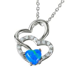 Sterling Silver Double Open Heart with Synthetic Blue Opal and CZ Necklace - BGP01066