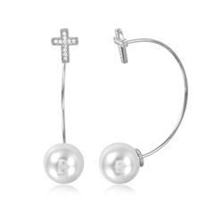 Sterling Silver Rhodium Plated Cross Earring With Hanging Synthetic Pearl - STE01047
