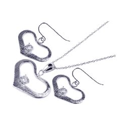 Sterling Silver Rhodium Plated Open Wide Heart CZ Dangling Hook Earring & Necklace Set sts00155