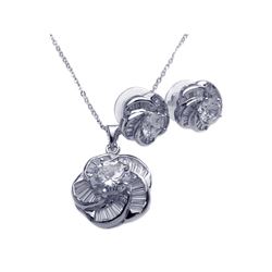 Sterling Silver Rhodium Plated Clear Baguette Spiral Flower CZ Stud Earring & Necklace Set bgs00093