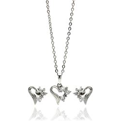 Rhodium Plated Brass Open Heart Half Spiky Clear CZ Stud Earring & Necklace Set bbs00038