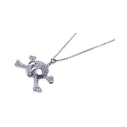 Sterling Silver Clear CZ Rhodium Plated Skull Pendant Necklace stp00395