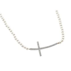 Sterling Silver Rhodium Plated CZ Cross Pendant with Synthetic Pearl Chain Necklace - BGP00899WHT