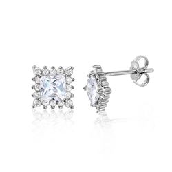 Sterling Silver Rhodium Plated Square Halo Earrings - STE01039