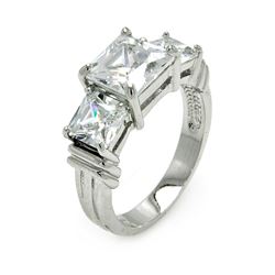 Rhodium Plated Brass Princess Cut Clear CZ Past Present Future Ring bbr00043