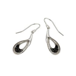 Sterling Silver Black & Silver Rhodium Plated Round Open Teardrop CZ Dangling Hook Earring bge00384