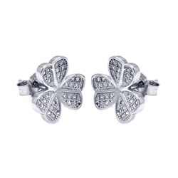 Sterling Silver Rhodium Plated Micro Pave Clear Clover CZ Stud Earring ace00050