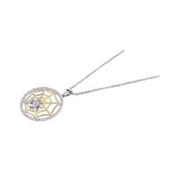 Sterling Silver Gold & Rhodium Plated Clear CZ Spider Web Pendant Necklace stp00625