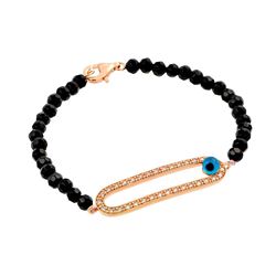 Sterling Silver Rose Plated Evil Eye Open Oval CZ Black Beads Bracelet bgb00170rgp