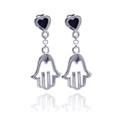 Sterling Silver Rhodium Plated Black Heart CZ Open Hand Wire Dangling Earring ste00776