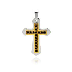 Stainless Steel Gold Plated Two Tone Double Cross Black Crystal Charm Pendant ssp00354