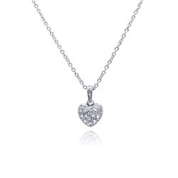 Sterling Silver Clear CZ Rhodium Plated Classic Heart Pendant Necklace stp00154