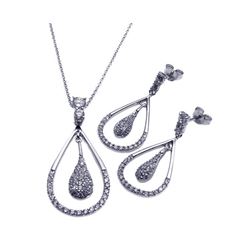 Sterling Silver Rhodium Plated Open Teardrop CZ Dangling Stud Earring & Necklace Set sts00211