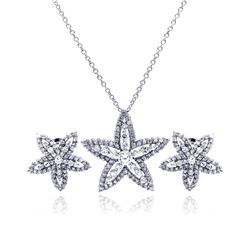 Sterling Silver Rhodium Plated Clear Star Flower CZ Stud Earring & Necklace Set bgs00049