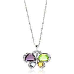 Sterling Silver Rhodium Plated Clear CZ Colorful Butterfly Pendant Necklace stp01350