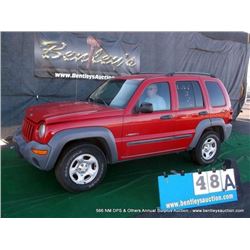 2004 JEEP LIBERTY ~ 133,108 MILES VIN: 1J4GK48K64W138449, SUV, RWD, V6, 3.7L, RED, WINDSHIELD CRACKE