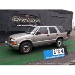 2002 CHEVROLET BLAZER 4WD ~ 129,485 MILES VIN: 1GNDT13W62K205366, SUV, 4WD, V6, 4.3L, TAN, WINDSHIEL