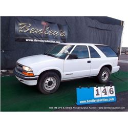 2001 CHEVROLET BLAZER 4WD ~ 121,430 MILES VIN: 1GNCT18W91K225761, SUV, 4WD, V6, 4.3L, WHITE, WINDSHI