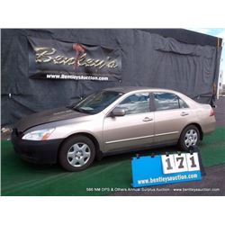 2006 HONDA ACCORD ~ 83,616 MILES VIN: 1HGCM56476A053839, SEDAN, FWD, I4, 2.4L, TAN, A/C COLD, 1/4 TA