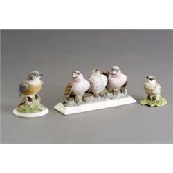 Group of Three Boehm Polychrome Bisque Figures of Baby Birds, The first, Fledgling Purple Finch...