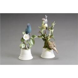 Two Boehm Polychrome Bisque Figures of Birds, The first, Goldfinches, issued in 1961 from an ed...