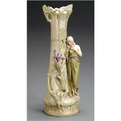 Royal Dux Gilt Decorated Figural Porcelain Vase, 1900-1918, The elongated body molded with oa...