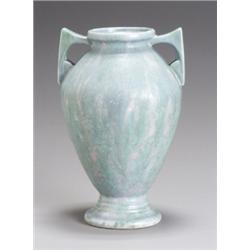 Roseville Carnelian II Two-Handled Vase, Circa 1915, Having an ovoid body raised on a circula...