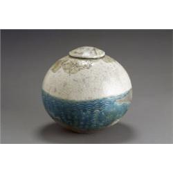 Covered Landscape Lidded Jar, Wayne Higby, Circa 1975, The bulbous raku-fired glazed earthenw...