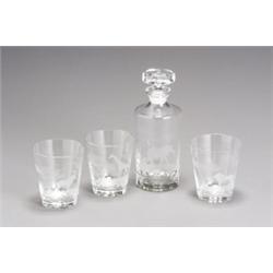 Cased Etched Glass Seven-Piece Old Fashioned Set, Retailed by Hunting World, Modern, Consisti...