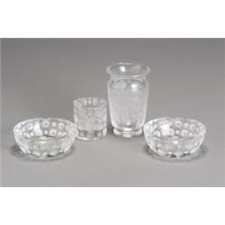 Group of Four Lalique Frosted and Molded Clear Glass Table Articles, Post 1945, Consisting of...