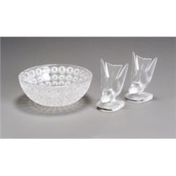 Three Lalique Molded and Frosted Glass Cabinet Articles, Second Half 20th Century, The first,...