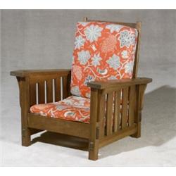 American Arts & Crafts Morris-Style Oak Armchair, Unmarked. Seat lacking slats., $400-$600...