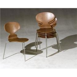 Set of Six Arne Jacobsen Walnut Veneered +Ant ' Chairs, Design Introduced 1952, Manufactured by...