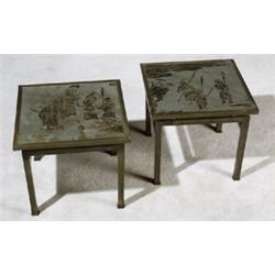 Pair of Philip LaVerne Bronze and Pewter +Chinoiserie ' Side Tables, Circa 1950s, One signed...