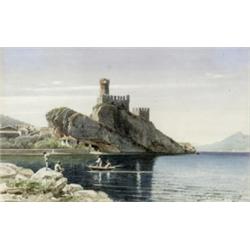 Thomas Allom (British 1804-1872), Rocky Coastline with Castle and Figures Boating, Signed T....