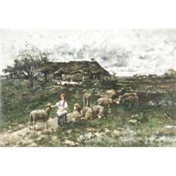 School of Charles Emile Jacque (French 1813-1894), Shepherdess with Her Flock, Signed with sp...