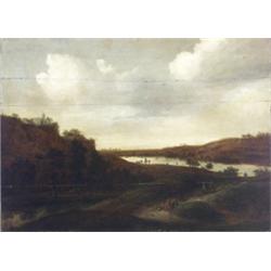 Dutch School, Mid-17th Century, Figures Beside a River in a Rolling Landscape, Signed with ar...