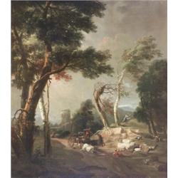 Circle of Marco Ricci (Italian 1676-1729), Classical Landscape with Figures Fleeing Before a St...