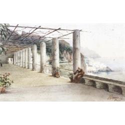 Gaetano Capone (Italian 1845-1920), Monk Resting Under an Arbor in an Italian Coastal Village...