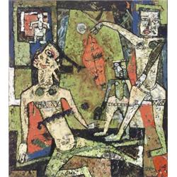 Mohan Samant (Indian 20th Century), Abstract Figural Group, Unsigned, Oil on canvas, 38 x...