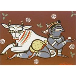 Jamini Roy (Indian 1887-1972), Lord Shiva and Nandi with Llama: Two Works, Each signed in Hin...