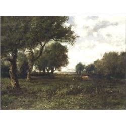 Patrick Vincent Berry (American 1852-1922), Cows Grazing by a Forest 's Edge, Signed P.V. Ber...