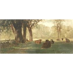 Attributed to William MacDougal Hart (American 1823-1894), Landscape with Cows Resting in a Sha...