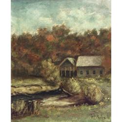 William Preston Phelps (American 1848-1923), House Beside a Creek in an Autumn Landscape, Sig...