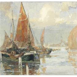 American School, 20th Century, Harbor Scene with Sailboats, Signed C.C******and dated 27 (?)...